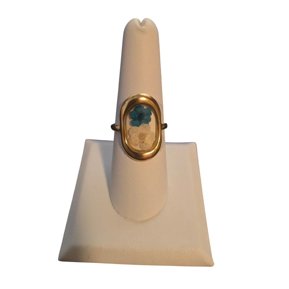 Ring Womens 7.5 Adjustable Pressed Flower Gold Blue Oval Terrarium